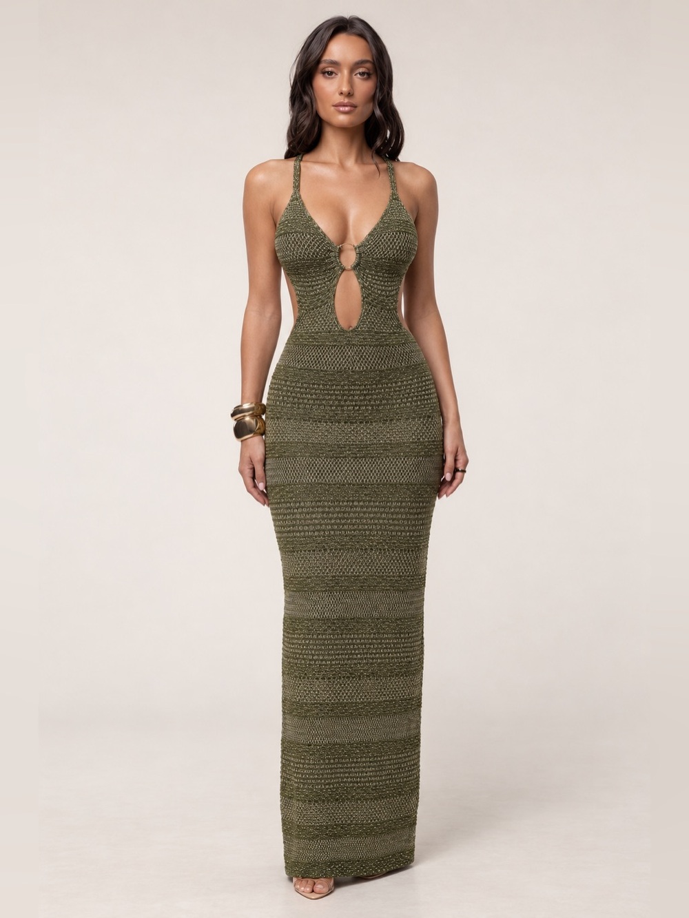 Fashion Nova Olive Knit Maxi Dress with Front Cutouts
